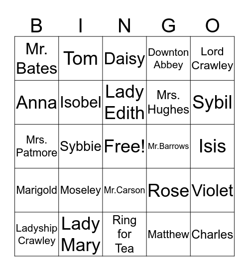 Downton Abbey Bingo Card