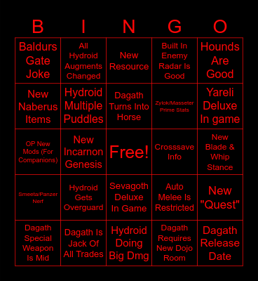 September 2023 Warframe Devstream Bingo Card