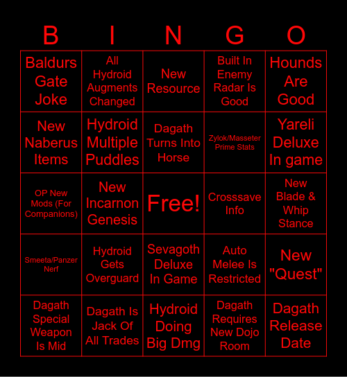 September 2023 Warframe Devstream Bingo Card