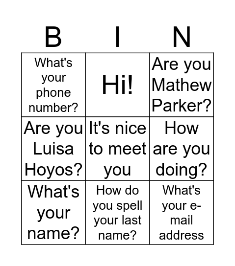 English Bingo  Bingo Card