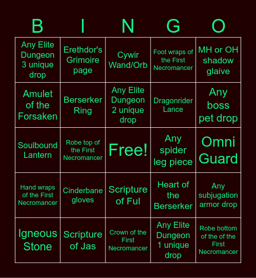 Necro PVM Bingo Card