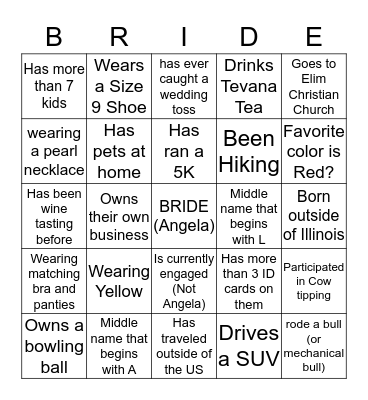 Angela's Bridal Shower Bingo Card
