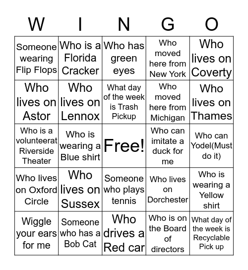 Woodfield  Bingo Card