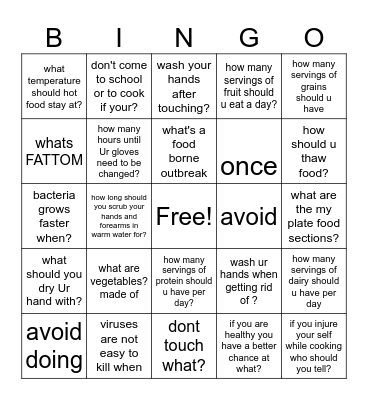 kitchen safety Bingo Card