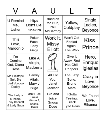 VOBingo - Super Bowl Artists Bingo Card