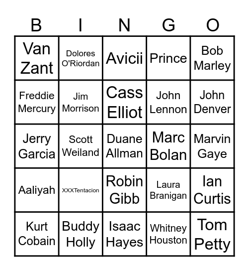 Deceased Artists Bingo Card