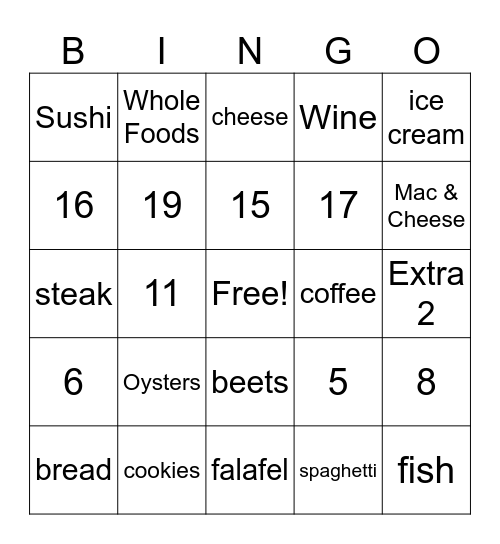 Foodie Card Bingo Card