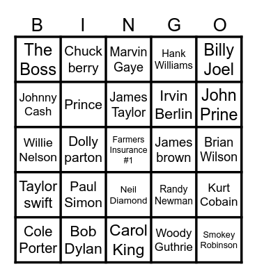 American Song Writers Bingo Card