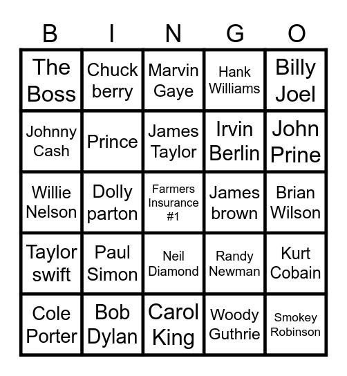 American Song Writers Bingo Card