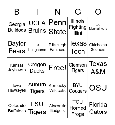 College Football Bingo Card