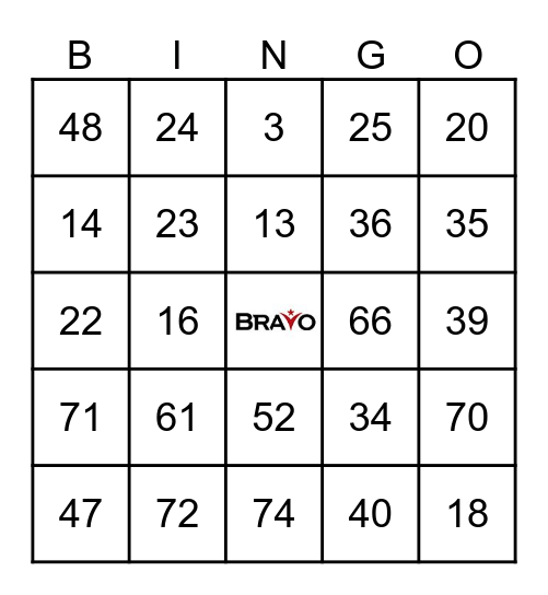 BRAVO BINGO Card