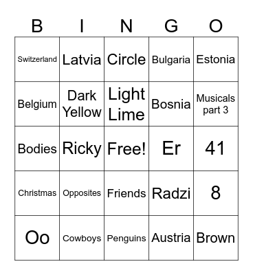 Tuesday 3rd September Bingo Card