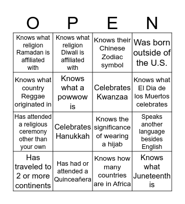 Cultural Competency Bingo Card