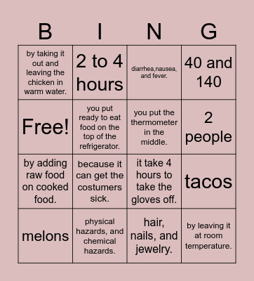 Food Safety Bingo Card