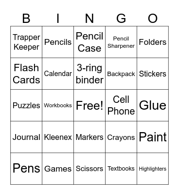 Back to School Bingo Card