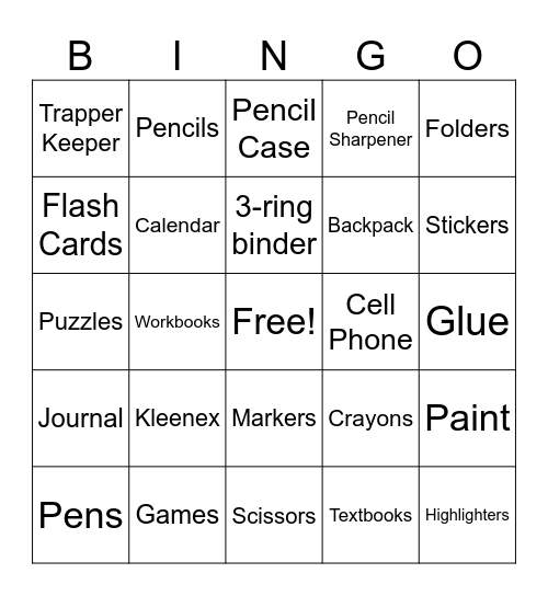 Back to School Bingo Card