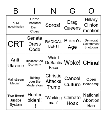 Republican Debate Bingo Card