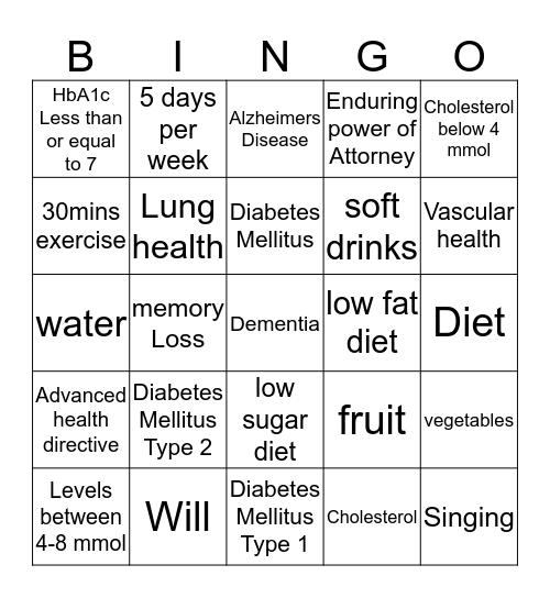 Chronic Disease Bingo Card
