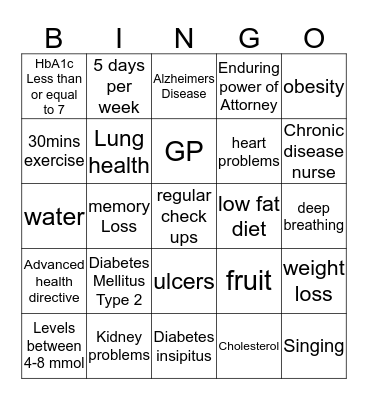 Chronic Disease Bingo Card