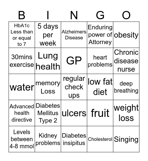 Chronic Disease Bingo Card