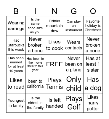 get to know you Bingo Card