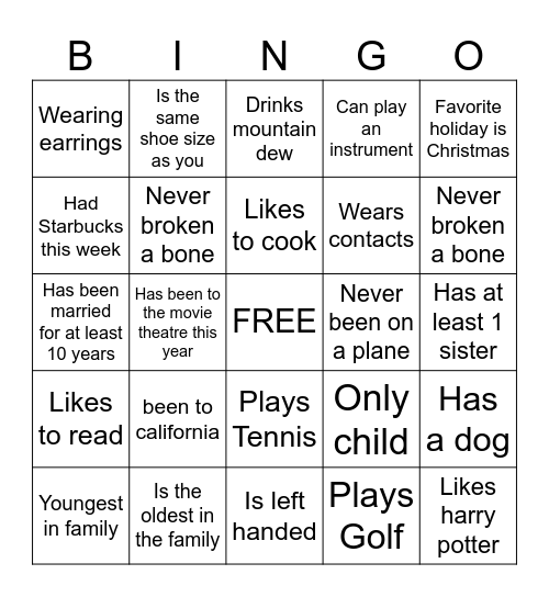 get to know you Bingo Card