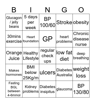 Chronic Disease Bingo Card