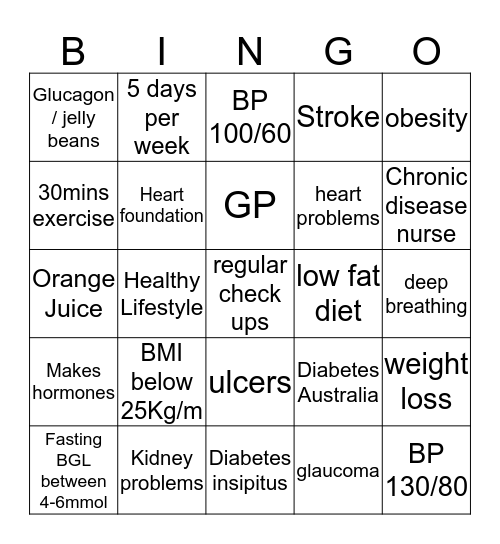 Chronic Disease Bingo Card