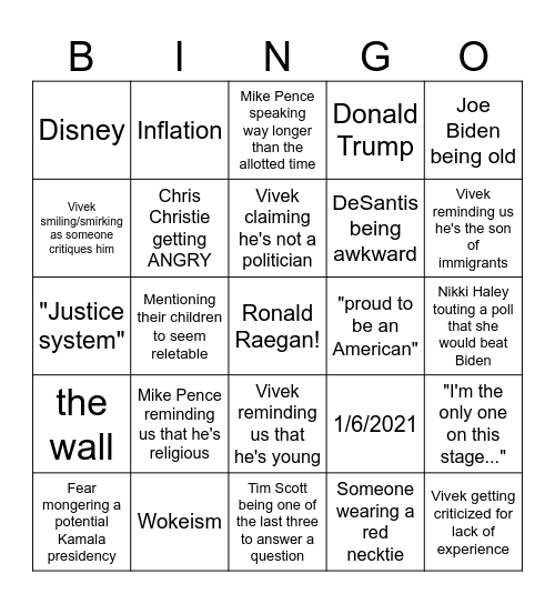 GOP Debate 2 Bingo Card