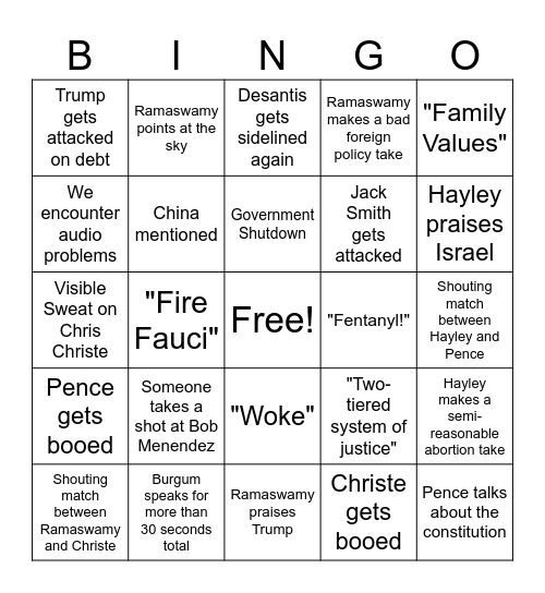 GOP Presidential Primary Debate Bingo Card