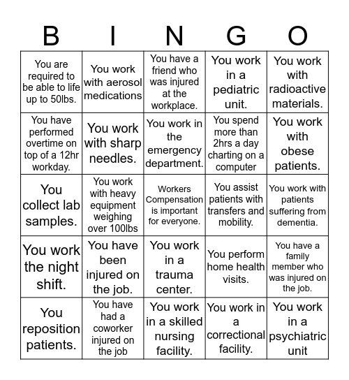 Healthcare Workers' Compensation Bingo Card