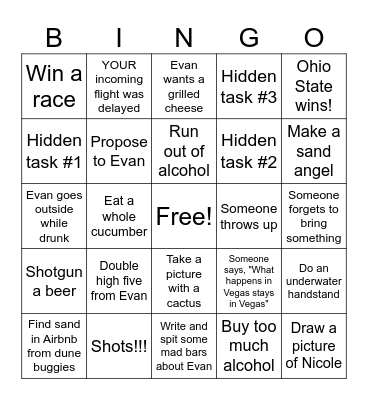 Evan's Bachelor Party Bingo Card