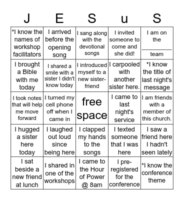 Union Branch's 2016 Women's Conference  Bingo Card