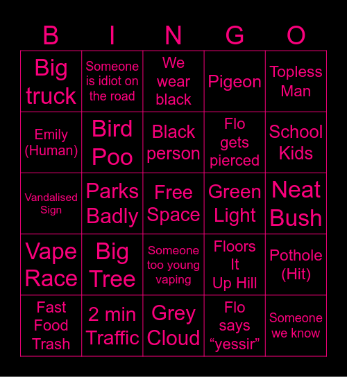 Day Out with No Specifics Bingo Card