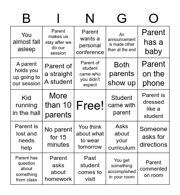 Teacher Open House Bingo Card