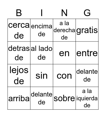 Preposiciones Bingo Card