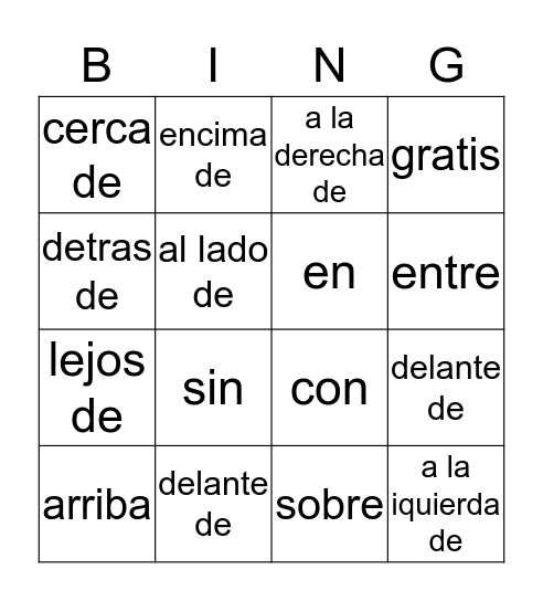 Preposiciones Bingo Card