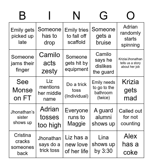 Guard Bingo Card