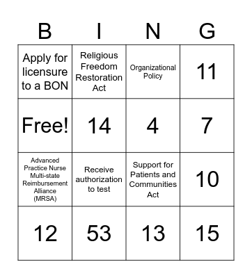 Health Policy Bingo Card