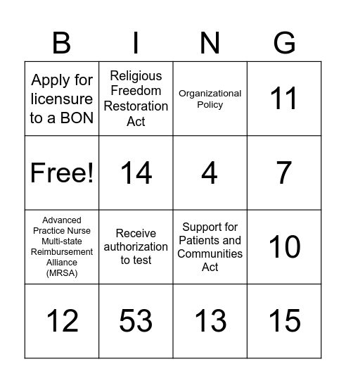 Health Policy Bingo Card