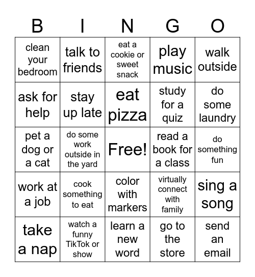 MY WEEKEND ACTIVITIES Bingo Card