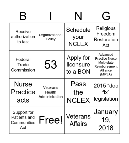 Health Policy Bingo Card