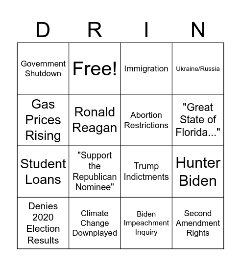 2nd Republican Debate Bingo Card