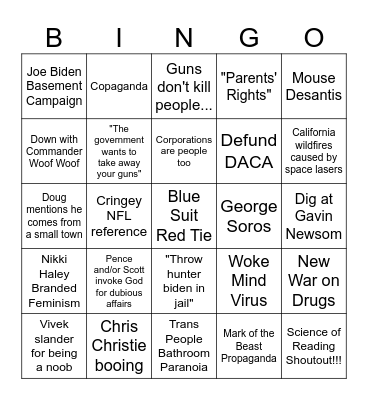 Repub Debate Sept 2023 Bingo Card