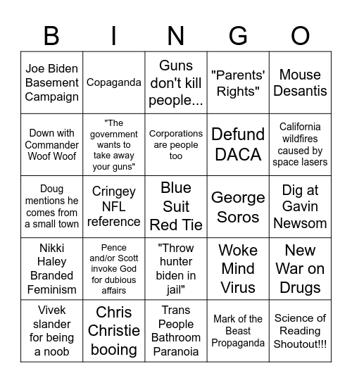 Repub Debate Sept 2023 Bingo Card