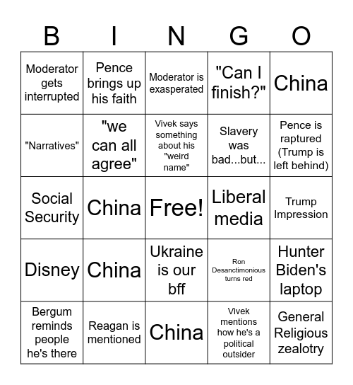 Republican Debate 2023 Bingo Card