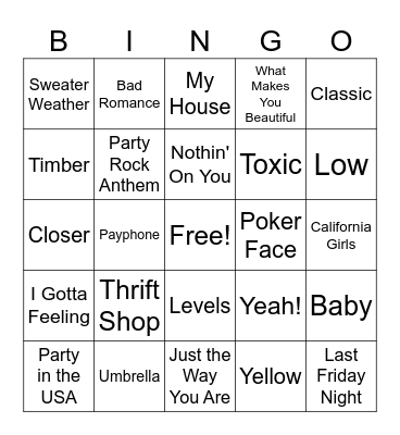 2010s Music Bingo Card