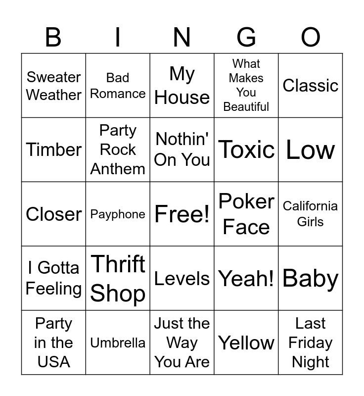 2010s Music Bingo Card