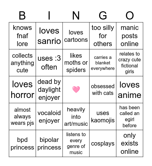 cute strange girl bingo 🎀 Bingo Card
