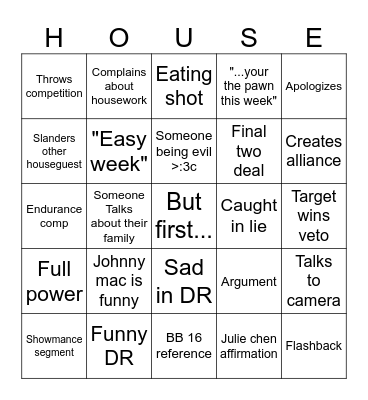 Weekly Big Brother Bingo Card